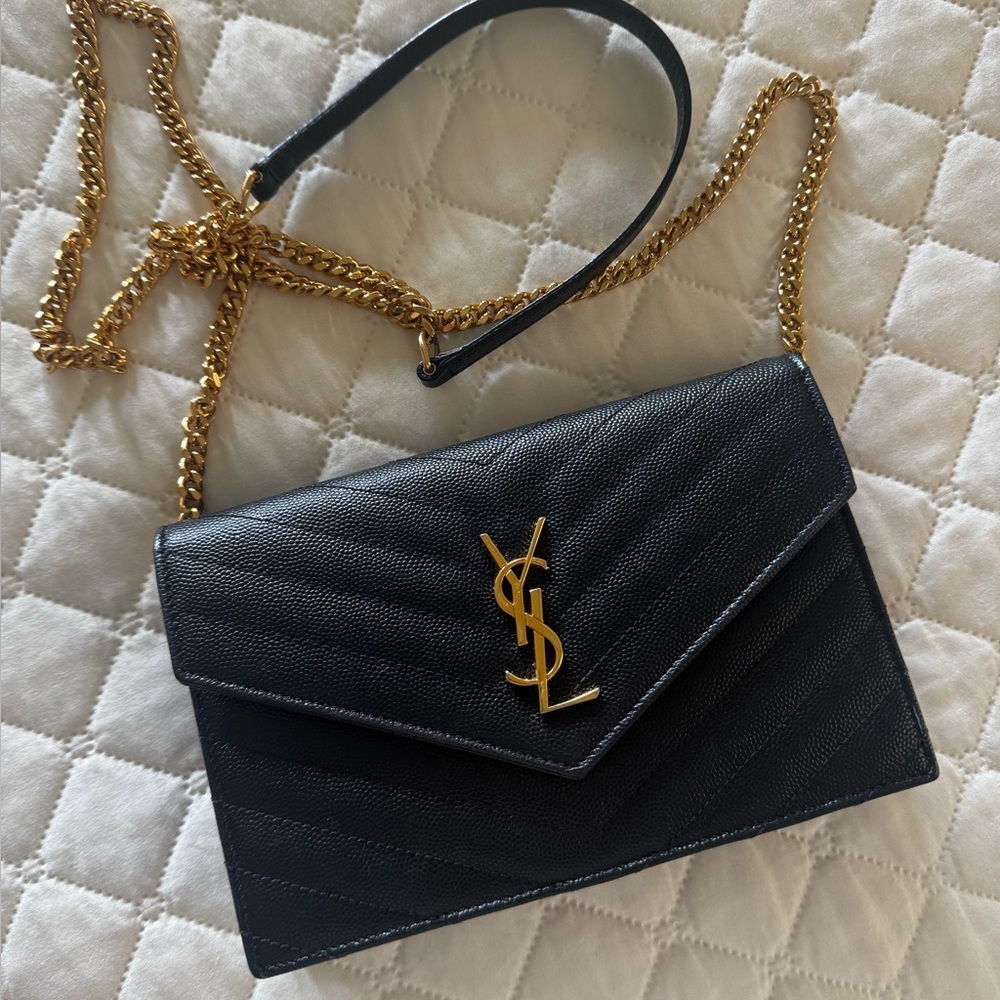 Yves Saint Laurent Black Clutch/Crossbody with Gold Chain